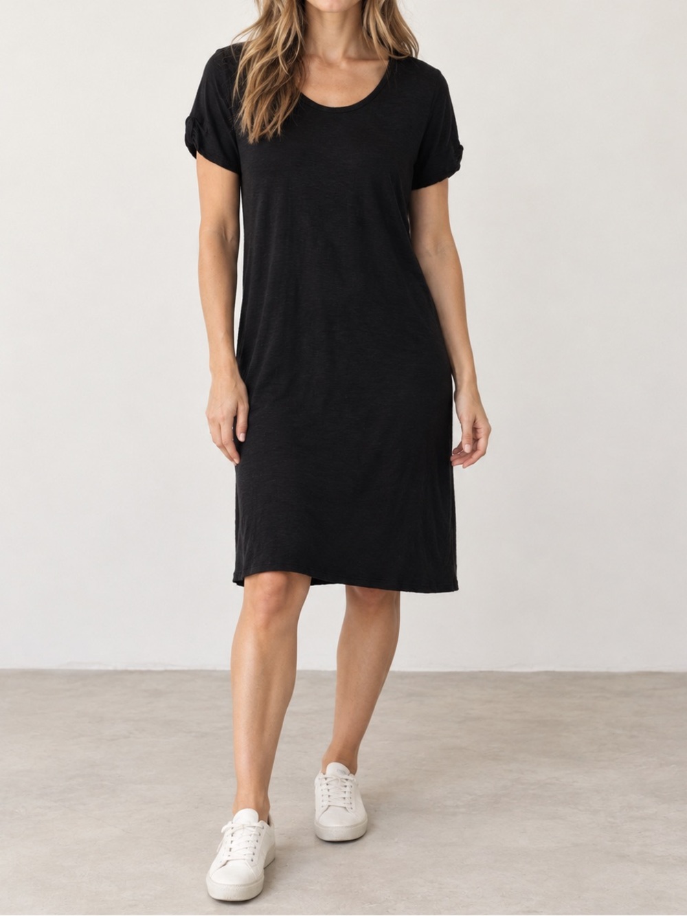 James Perse Black Short Sleeve T-Shirt Dress Casual Cotton Jersey Knee Length 3